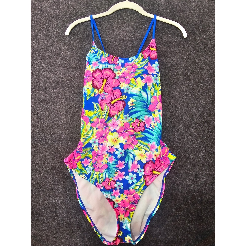Bongo One Piece Swimsuit Juniors L Blue Tropical Hibiscus Floral Cross Back NWT